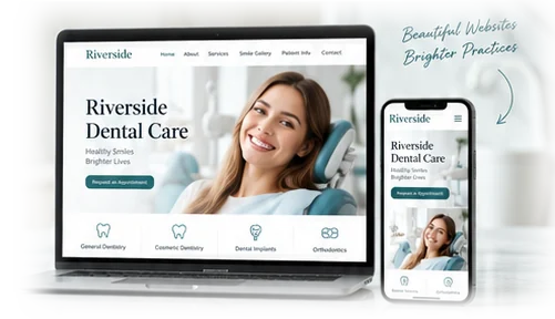 Illustrative concept of a dental practice website shown on a laptop and a phone, for a fictional practice named Riverside Dental Care
