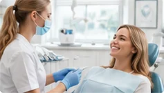Dental professional in a mask talking with a smiling patient in a treatment chair